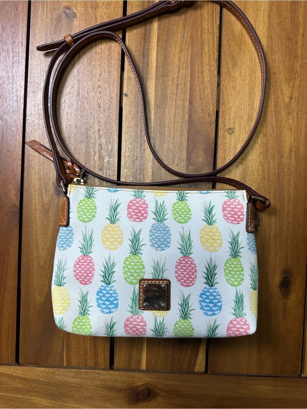 Dooney & Bourke White Crossbody Pouchette with Multicolor Pineapple Print